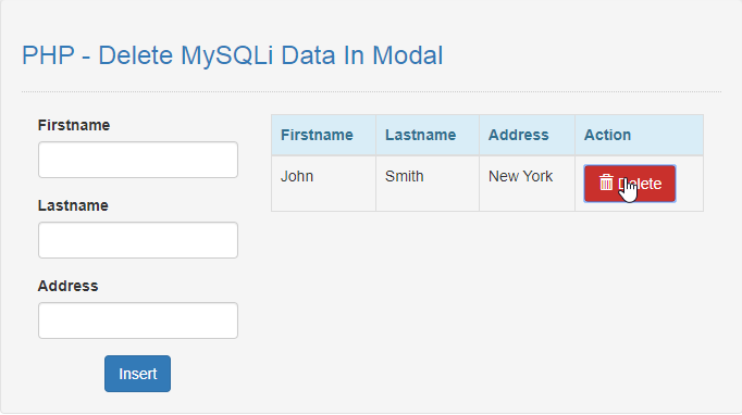 delete mysql data in modal