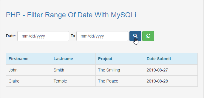 filter range of date with mysql using php