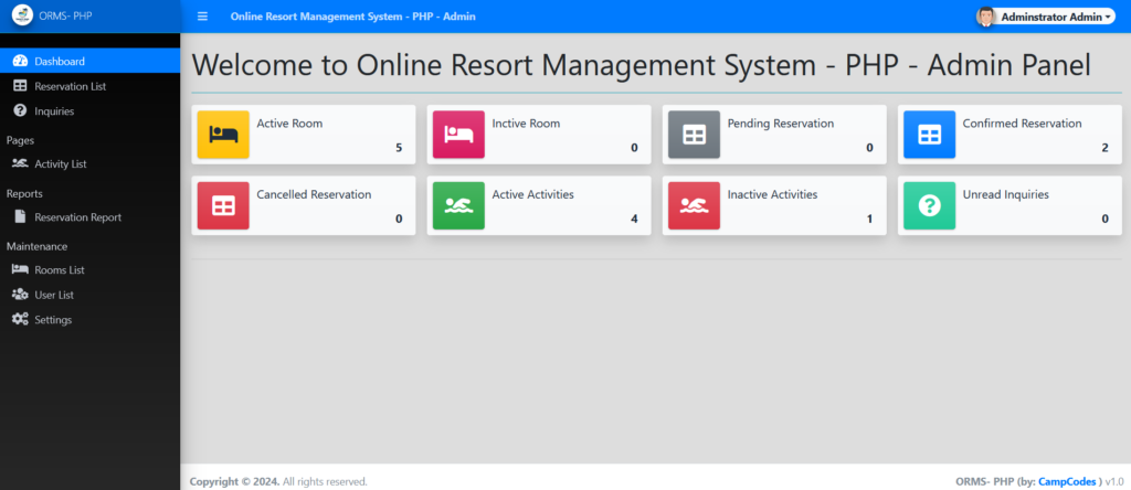 online resort management system in php mysql - admin side